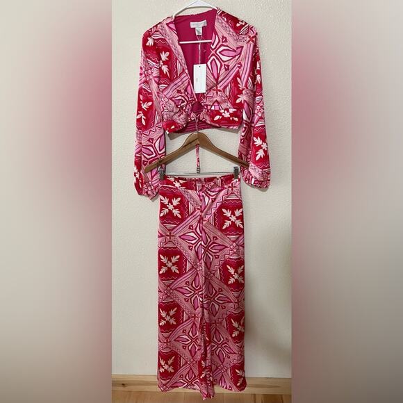 Caroline Constas Pink Satin Tribal Geometric Blouse & Wide Leg Pants Set  NEW XS